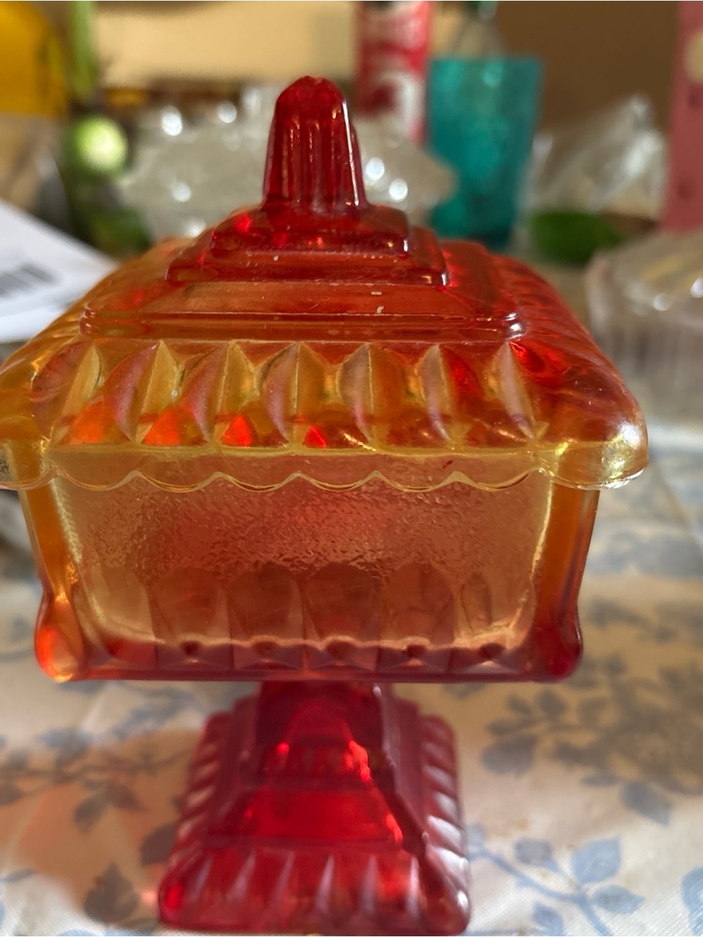 Vintage Red to Amber Iridescent Glass Covered Candy Dish